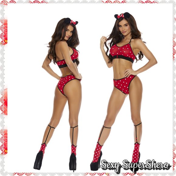 🆕Mischievous 🐭Minnie 4 piece Role Play Sexy Red Fantasy Lingerie Set - Picture 1 of 6